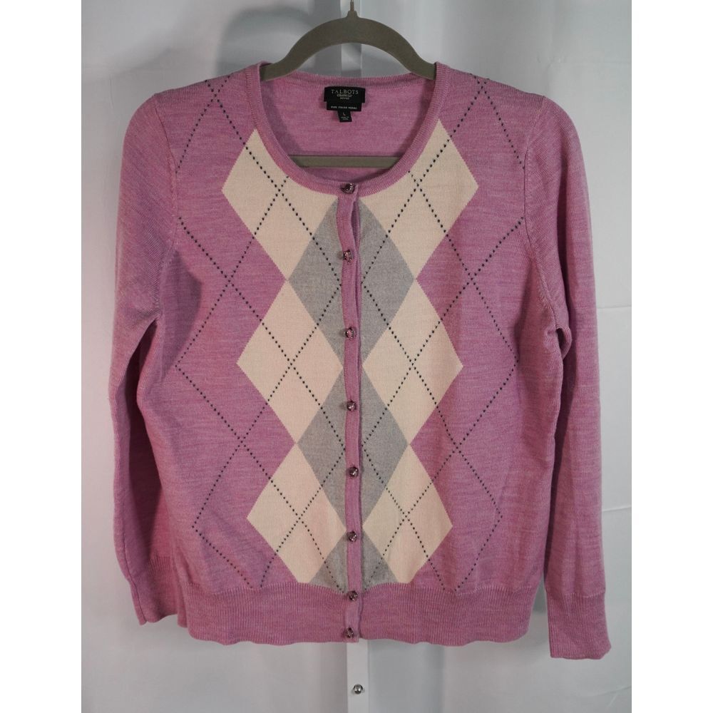 Vintage Talbots LP Argyle Button up Cardigan Italian Merino Wool Violet Cream
